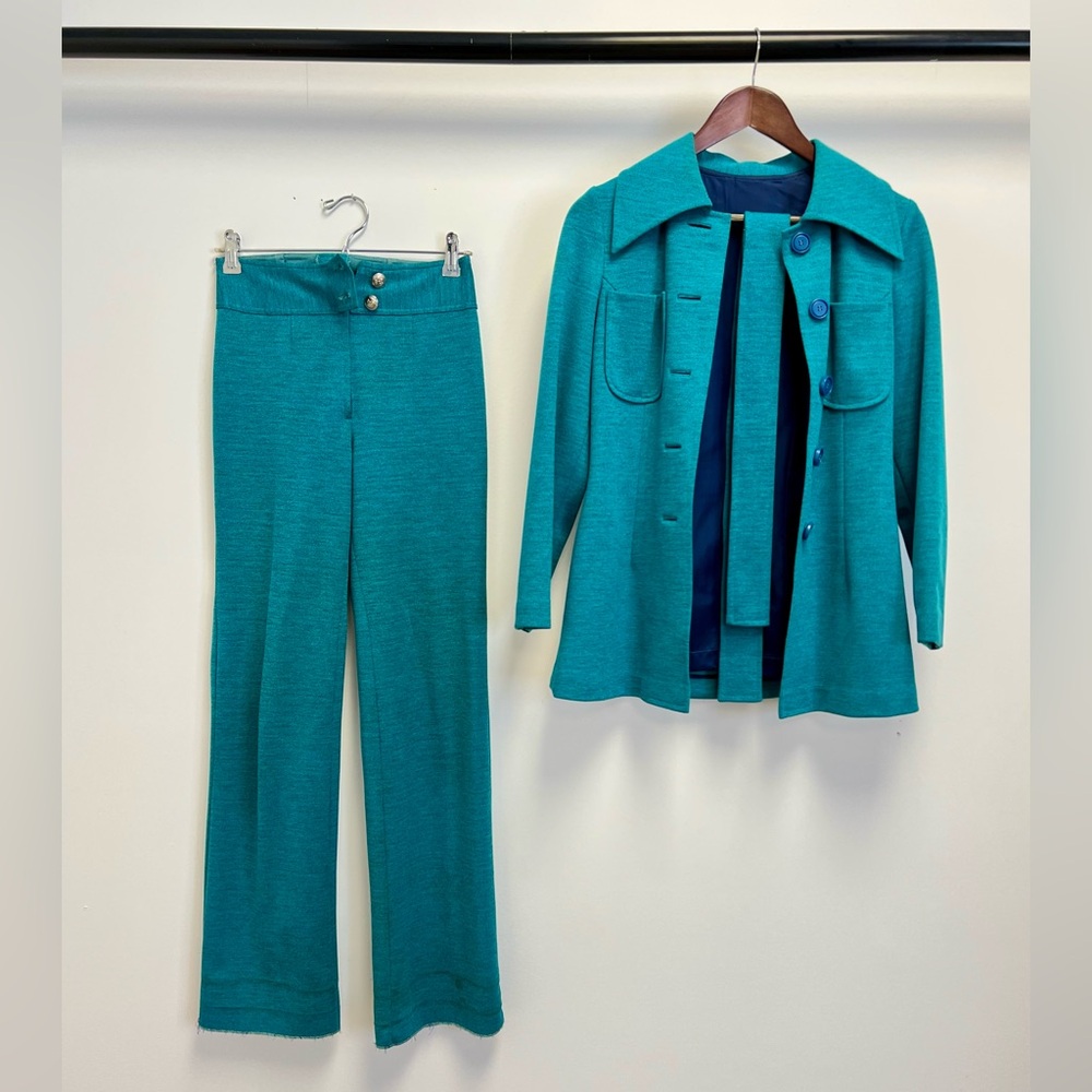 Vintage Teal 2-Piece Suit Set | Retro Jacket + High Waist Pants XS